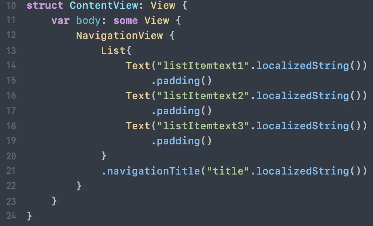 ContentView.swift with localized String method calls